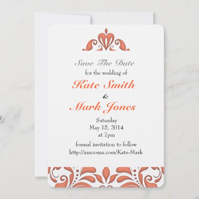 HeartyParty Coral And White Damask Heart Save The Date (Front)