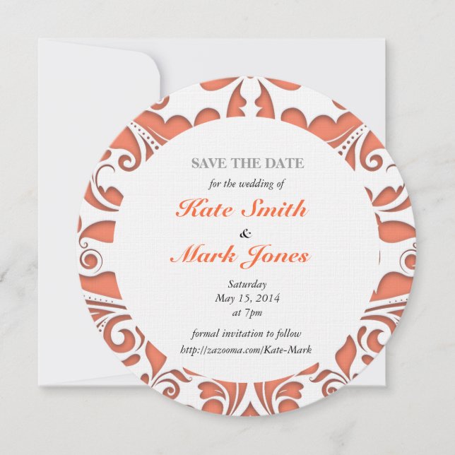 HeartyParty Coral And White Damask Heart Save The Date (Front)