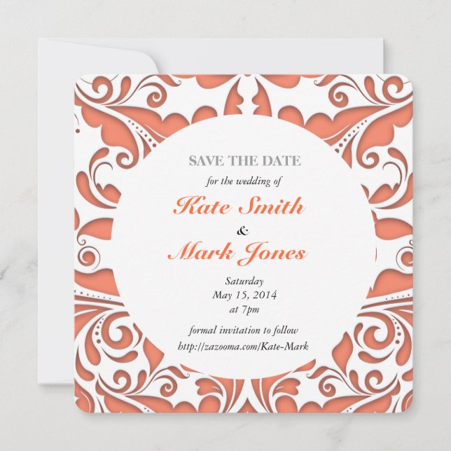 HeartyParty Coral And White Damask Heart Save The Date (Front)