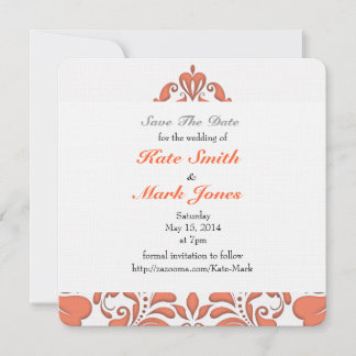 HeartyParty Coral And White Damask Heart Save The Date
