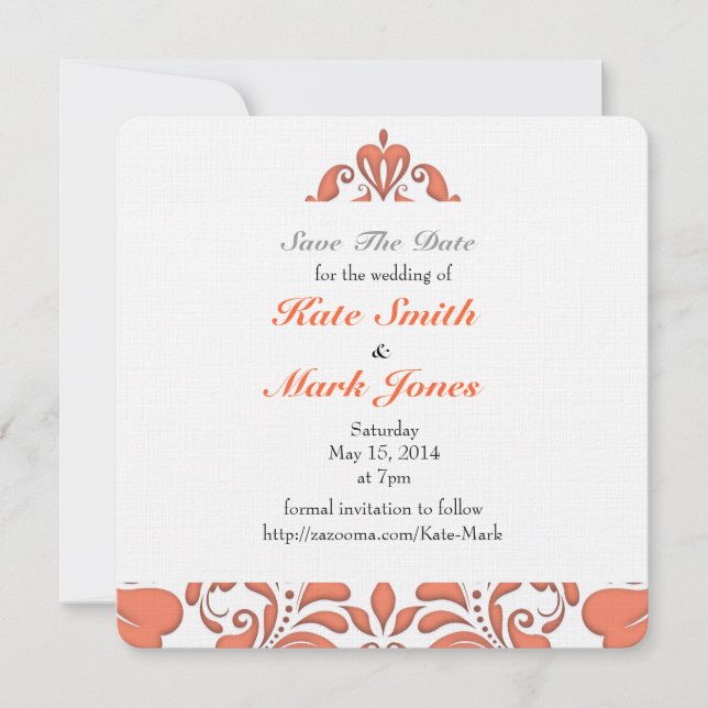 HeartyParty Coral And White Damask Heart Save The Date (Front)
