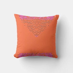 HeartyParty Orange and Pink Damask Heart Cushion