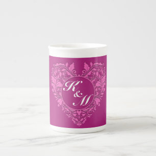 HeartyParty Pink And Cherry Damask Heart Bone China Mug
