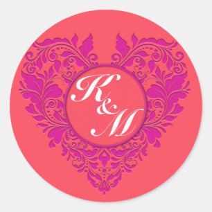 HeartyParty Raspberry and Magenta Damask Heart Classic Round Sticker