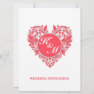 HeartyParty Raspberry Red And White Damask Heart Invitation