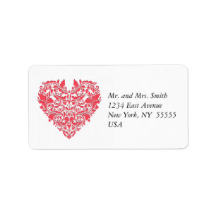 HeartyParty Raspberry Red And White Damask Heart Label