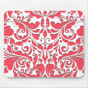 HeartyParty Raspberry Red & White Damask Heart Mouse Mat