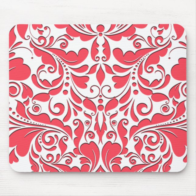HeartyParty Raspberry Red & White Damask Heart Mouse Mat (Front)
