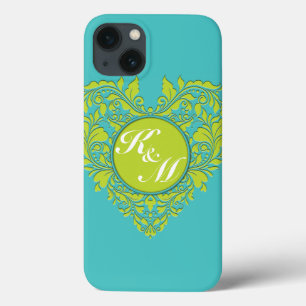 HeartyParty Turquoise and Lime Damask Heart iPhone 13 Case