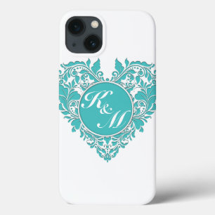 HeartyParty Turquoise blue And White Damask Heart iPhone 13 Case