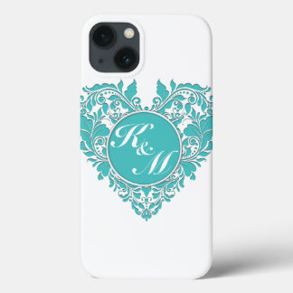 HeartyParty Turquoise blue And White Damask Heart iPhone 13 Case