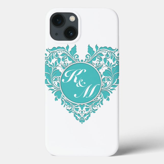 HeartyParty Turquoise blue And White Damask Heart Case-Mate iPhone Case (Back)