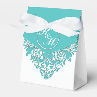 HeartyParty Turquoise blue And White Damask Heart Favour Box