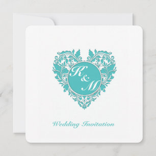 HeartyParty Turquoise blue And White Damask Heart Invitation