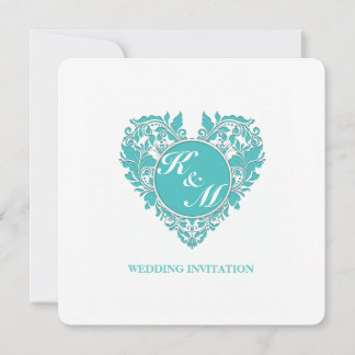 HeartyParty Turquoise blue And White Damask Heart Invitation