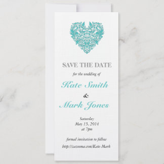 HeartyParty Turquoise blue And White Damask Heart Save The Date