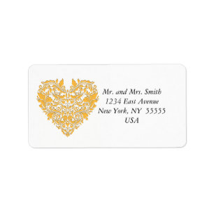 HeartyParty Yellow And White Damask Heart Label