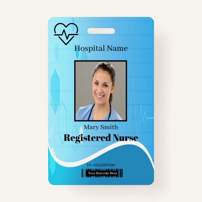 Heat Beat Blue Medical Heartbeat Vertical Photo ID ID Badge (Front)