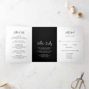 Heather Elegant Black Minimal Modern Wedding Tri-Fold Invitation