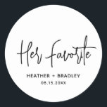 Heather Elegant Black White Minimal Modern Wedding Classic Round Sticker<br><div class="desc">Modern wedding favour stickers featuring a simple design with "Her Favourite" in an elegant script typography along with your names and wedding date in a minimalist sans serif font. All design elements are in black and white. A chic design for any style of wedding. These custom stickers are great for...</div>