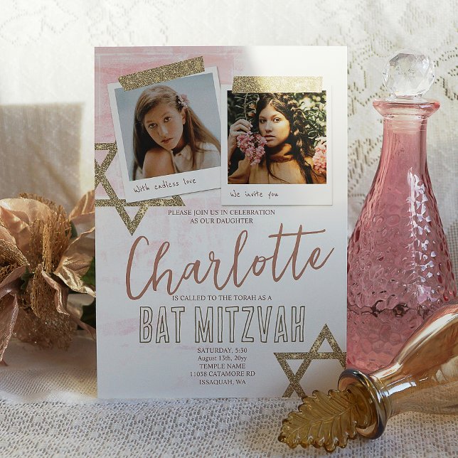 Heather Mauve Pink Bat Mitzvah Invitation (elegant mauve, rose gold pink star of david bat mitzvah invitations with glitter, script writing)