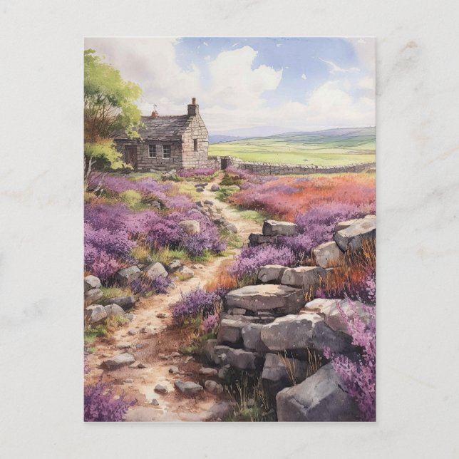 Heather Moorland And Stone House Landscape Postcard (Front)