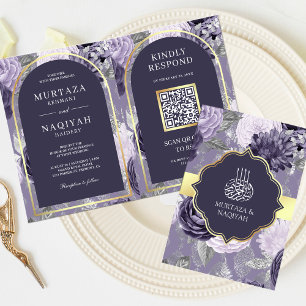 Heather Purple Floral QR Code Muslim Wedding Invitation