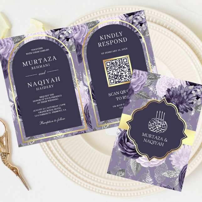Heather Purple Floral QR Code Muslim Wedding Invitation (Creator Uploaded)