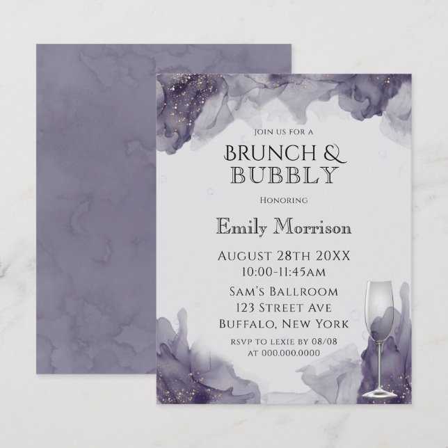Heather Purple  Gold Brunch & Bubbly Invites (Front/Back)