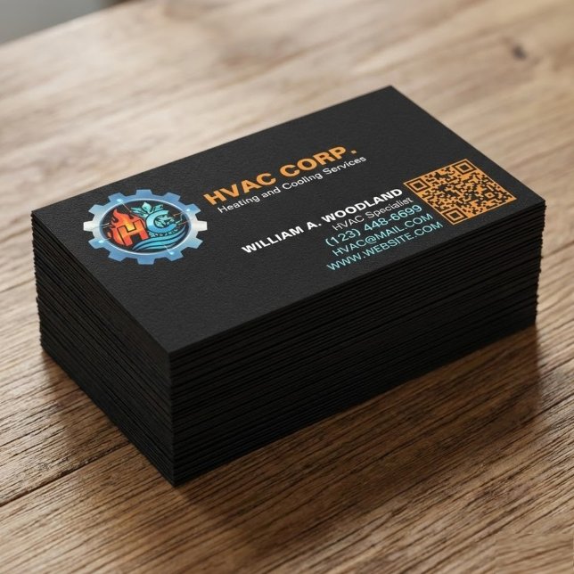 Heating and Cooling Logo & Qr Code | Black HVAC Business Card (minimalist HVAC business cards. Designed for true heating and cooling specialists)