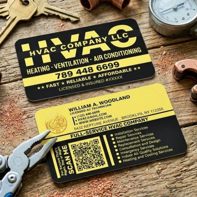 Heating & Cool Air Conditioning | Best Luxury HVAC Business Card (black and gold contractor cards, custom heating and cooling cards, HVAC business cards with QR)