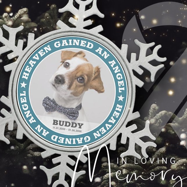 Heaven Quote Modern Pet Photo Sympathy Keepsake Snowflake Pewter Christmas Ornament (Creator Uploaded)