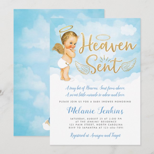 Heaven Sent Angel Boy Baby Shower Invitation (Front/Back)