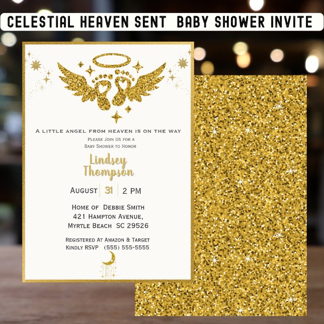 Heaven Sent Angel Gold Glitter Baby Shower Invitation (Creator Uploaded)