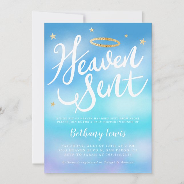 Heaven Sent Angel Gold Halo Blue Baby Shower Invitation (Front)