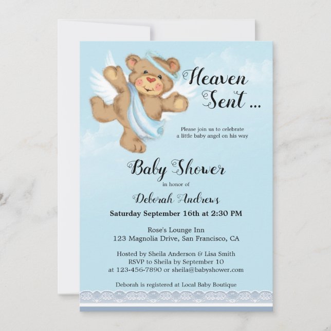 Heaven Sent Angel Wings Boy Baby Shower Invitation (Front)