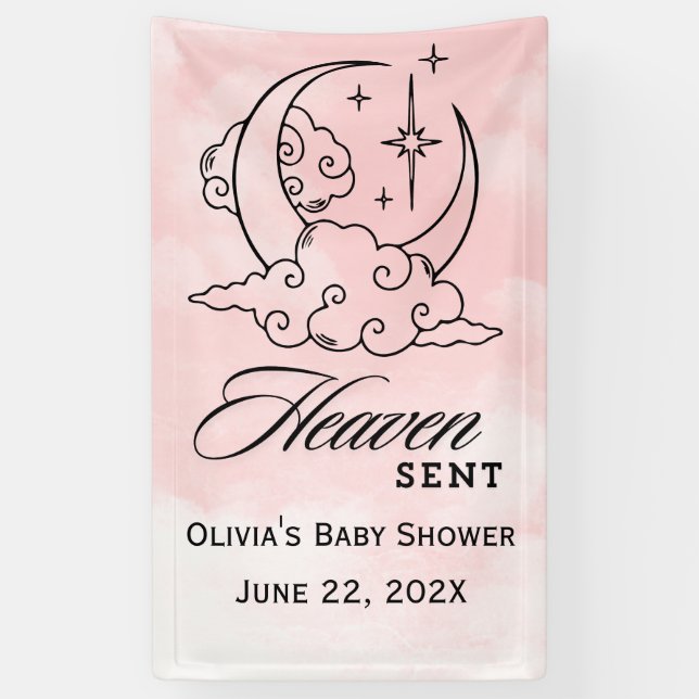 Heaven Sent Baby Shower Pink Moon Stars  Banner (Vertical)