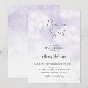 Heaven Sent Baby Shower Purple Invitation
