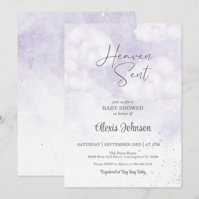 Heaven Sent Baby Shower Purple Invitation (Front/Back)