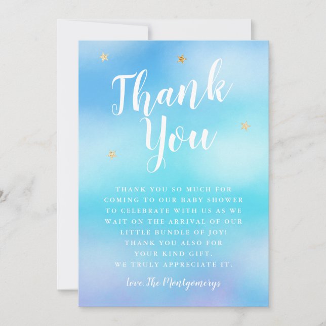 Heaven Sent Baby Shower Stars Blue Thank You Card (Front)