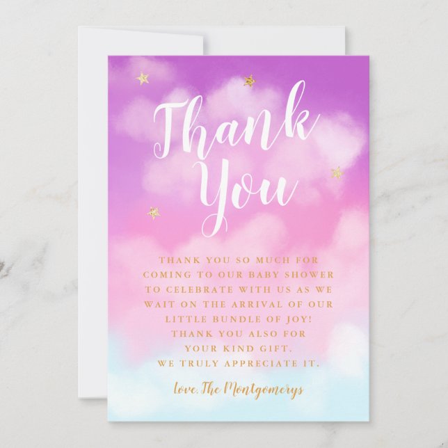 Heaven Sent Baby Shower Stars Pink Thank You Card (Front)