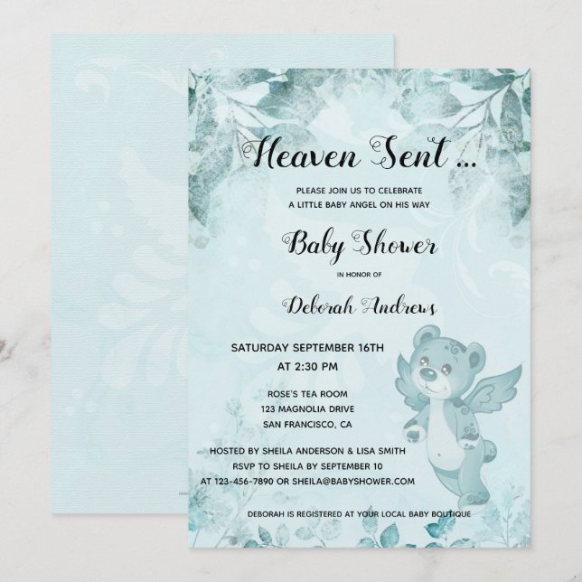 Heaven Sent Bear Angel Baby Shower Invitation (Front/Back)