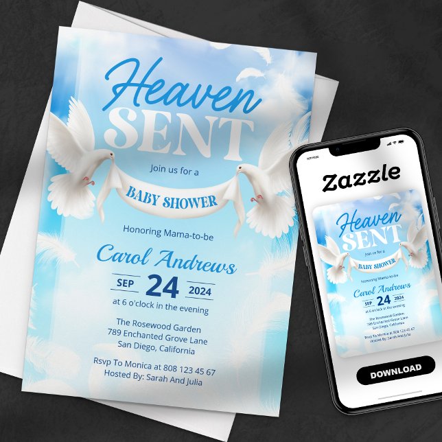Heaven Sent Blue and White Dove Baby Shower Invitation (Creator Uploaded)
