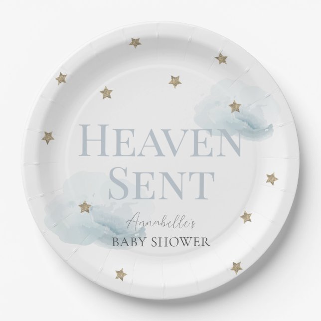 Heaven Sent Blue Cloud Boy Baby Shower Paper Plate (Front)