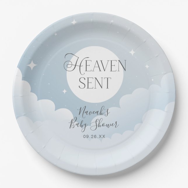 Heaven Sent Blue Clouds Baby Shower Paper Plate (Front)