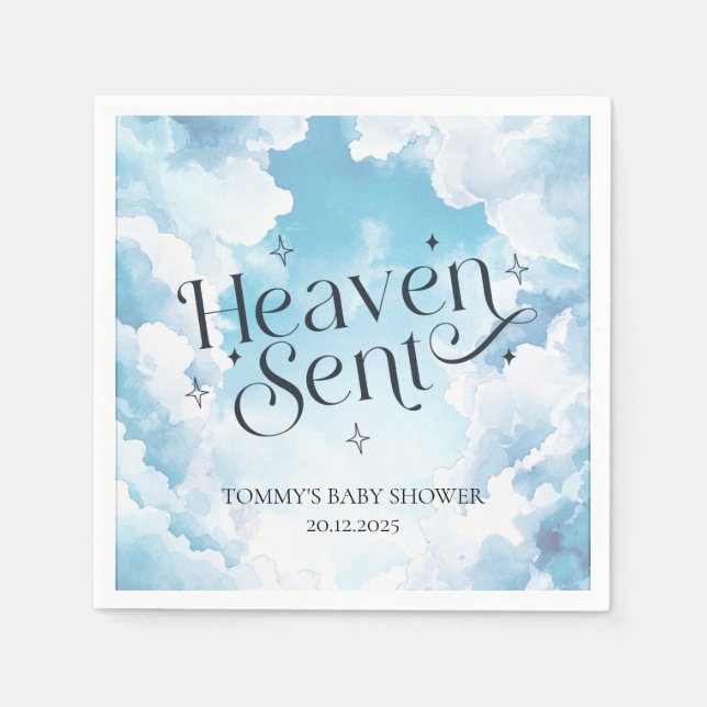 Heaven Sent Blue Clouds Custom Name Baby Shower  Napkin (Front)