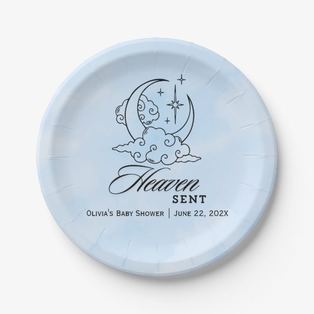  Heaven Sent Blue Moon Stars Baby Shower Paper Plate (Front)
