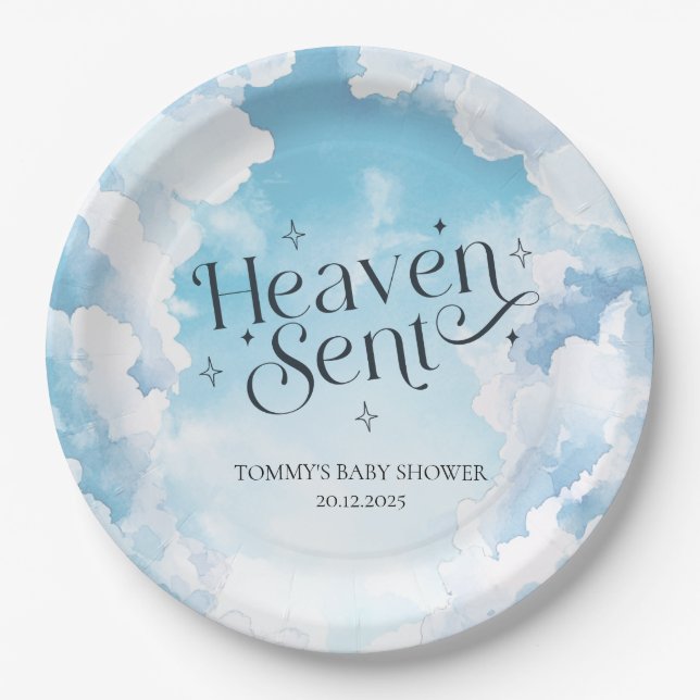 Heaven Sent Blue Sky Clouds Baby Shower Custom Paper Plate (Front)
