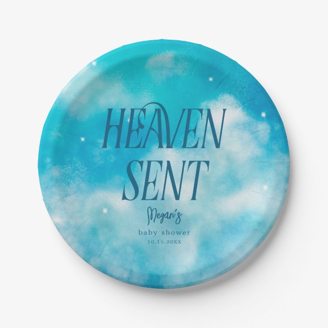 Heaven Sent Boy Baby Shower Paper Plate (Front)
