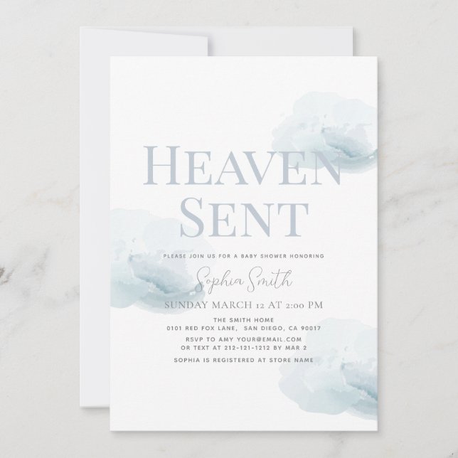 Heaven Sent Boy Blue Cloud Baby Shower Invitation (Front)
